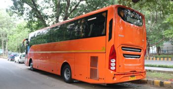 Signature Neon Orange Volvo 9600 Multi-Axle Luxury Bus Rear View - Ajay Travels Delhi