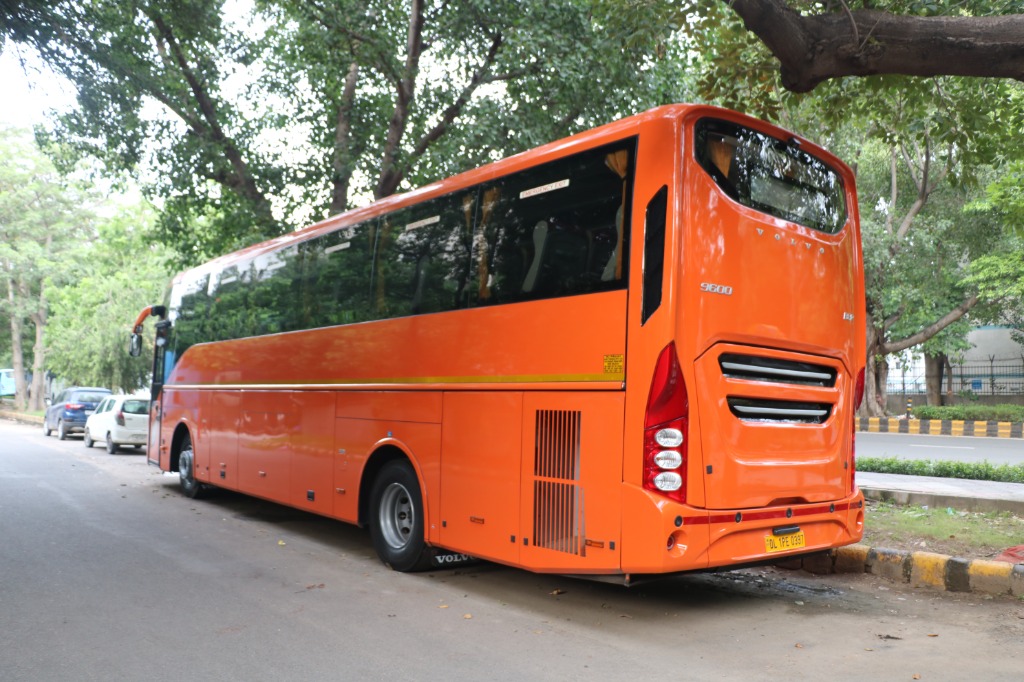 Signature Neon Orange Volvo 9600 Multi-Axle Luxury Bus Rear View - Ajay Travels Delhi