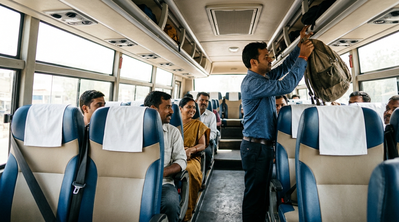 Authentic interior view of a clean 27-seater luxury mini coach with plush reclining seats, white cotton headrest covers, individual AC vents, and Indian travellers settling in with daypacks
