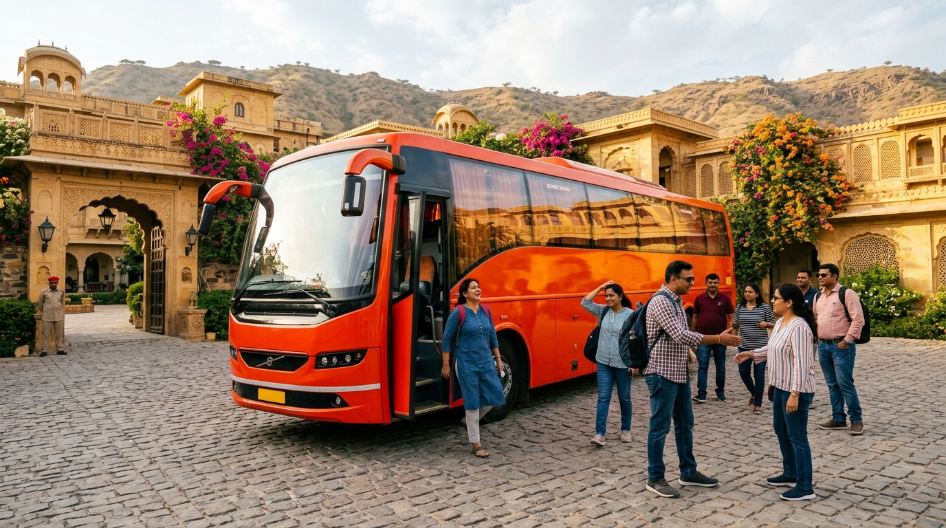 Sleek fiery orange-red 35-seater luxury AC coach parked on a cobbled heritage resort driveway near Neemrana as happy Indian weekend travellers step off in the warm afternoon sun