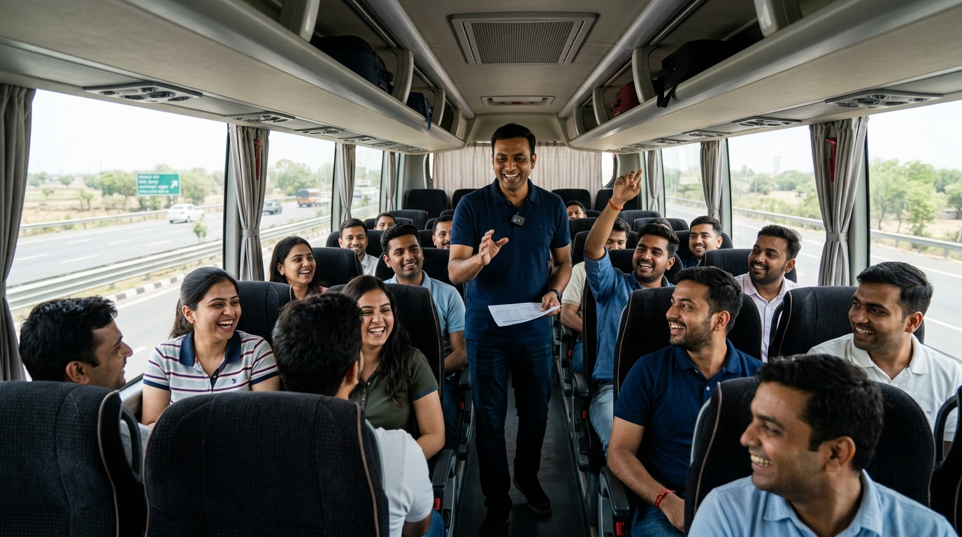 Candid interior photograph inside a modern luxury corporate charter bus on an expressway showing Indian office colleagues laughing together during an interactive team trivia game with a coordinator holding a wireless mic