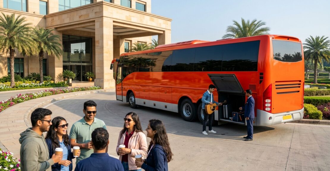Bus on rent for corporate outing in Delhi Gurgaon Noida in fiery orange-red #ff3d00 at corporate campus driveway with team and coffee cups