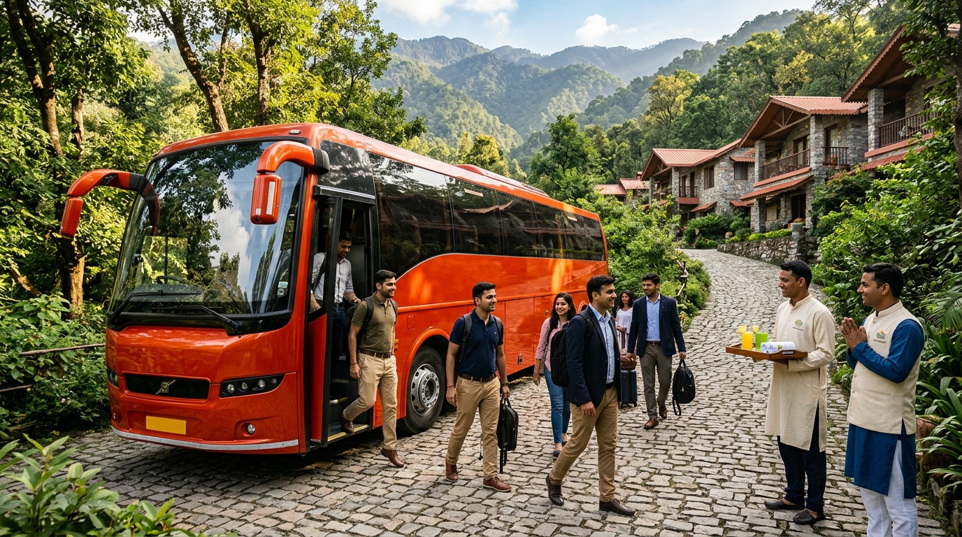 Wide-angle photograph of a fiery orange-red luxury corporate charter coach arriving at a scenic hillside resort in Jim Corbett / Rishikesh with Indian team members disembarking with smiles and welcomed with drinks