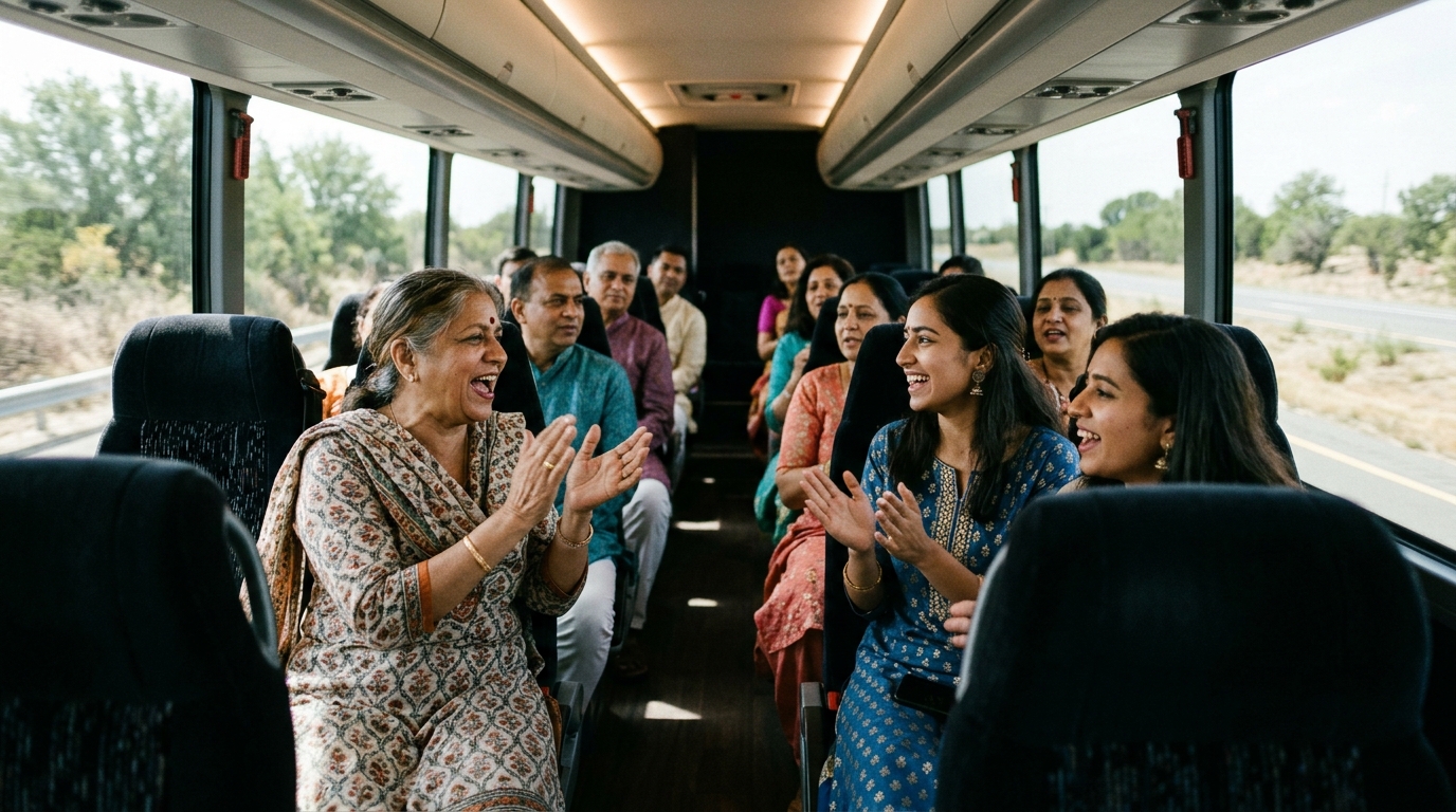 Candid interior view of joyful Indian wedding guests across generations singing antakshari and clapping together inside a warm, well-lit luxury wedding charter bus on the Delhi-Jaipur highway