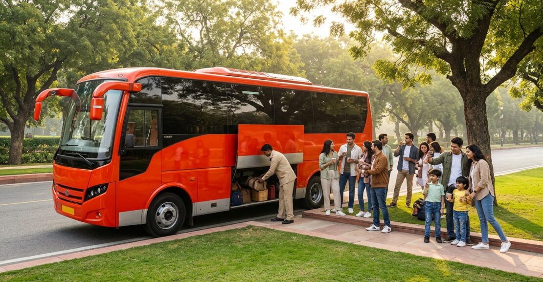 Mini bus on rent in Delhi NCR in fiery orange-red #ff3d00 parked along a tree-lined Lutyens New Delhi avenue with attendant loading bags