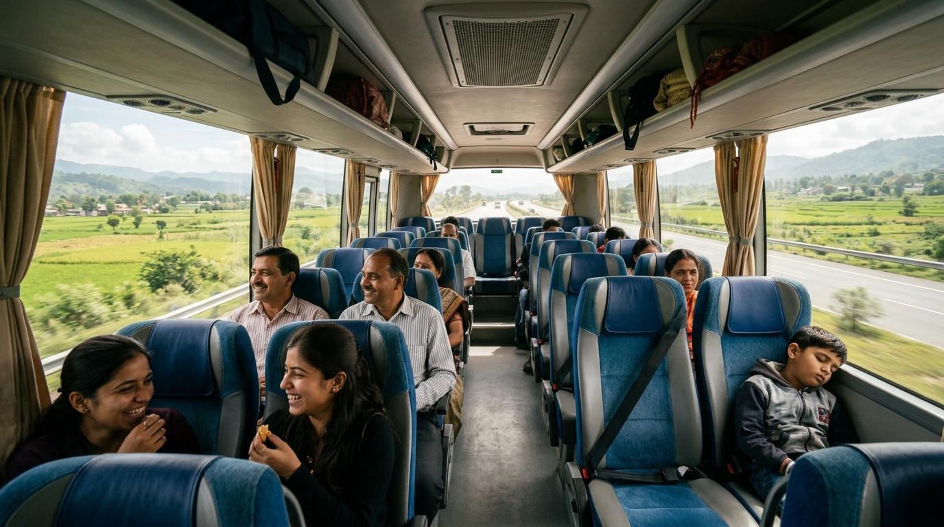 Authentic interior view of a modern luxury AC coach on a North Indian highway with Indian family travellers relaxing in plush reclining 2x2 seats in warm morning sunlight