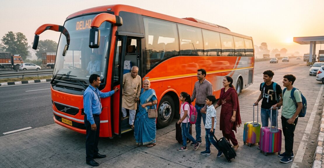Bus on rent for outstation from Delhi NCR in signature fiery orange-red #ff3d00 livery at sunrise expressway plaza with family boarding