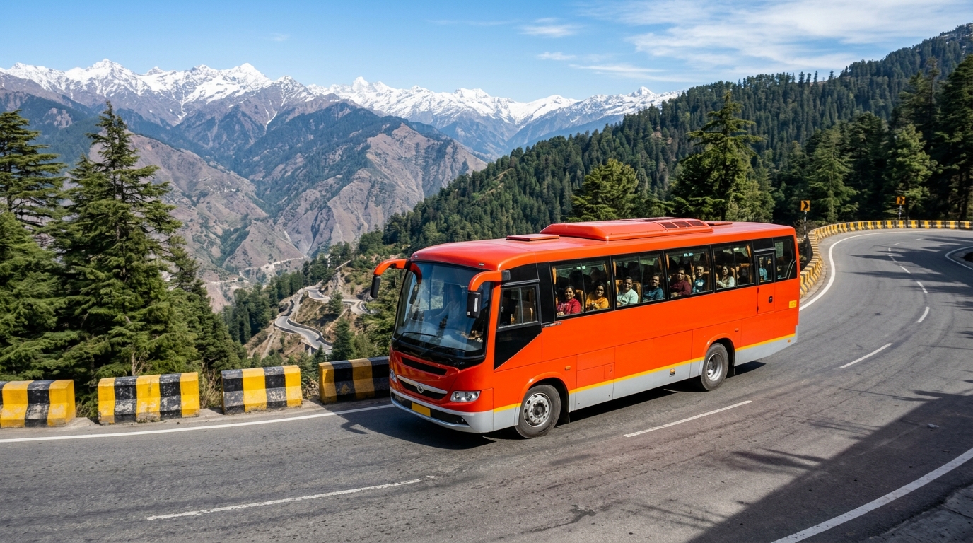 Modern fiery orange-red 35-seater BharatBenz luxury AC tourist coach smoothly navigating a pine-lined mountain highway curve in Himachal Pradesh during morning sunlight