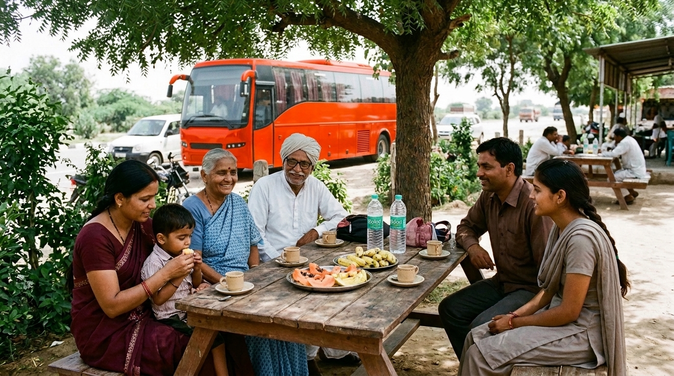 Multi-generational Indian family enjoying fresh fruit and morning tea under a shady neem tree at a clean highway rest stop while their fiery orange-red luxury pilgrimage coach is parked in the background