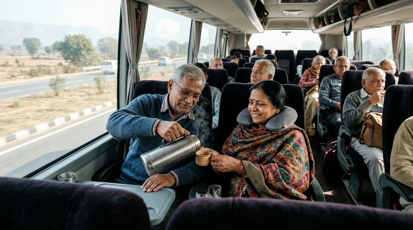 Candid interior view of a luxury pilgrimage coach on a North Indian highway showing an elderly Indian grandfather pouring steaming tea from a steel thermos for his smiling wife wearing a soft neck pillow