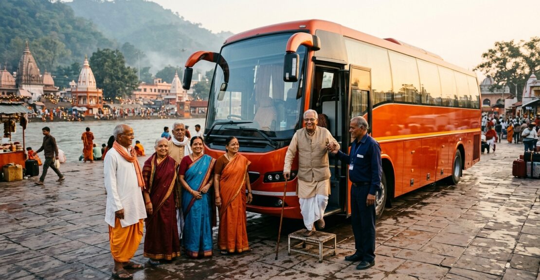 Bus on rent for pilgrimage tour from Delhi in fiery orange-red #ff3d00 at Haridwar Rishikesh riverside temple ghat with senior citizens