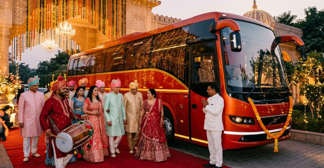 Bus on rent for wedding in Delhi NCR in fiery orange-red #ff3d00 with marigold garlands, dhol player, and festive baraat at farmhouse gate