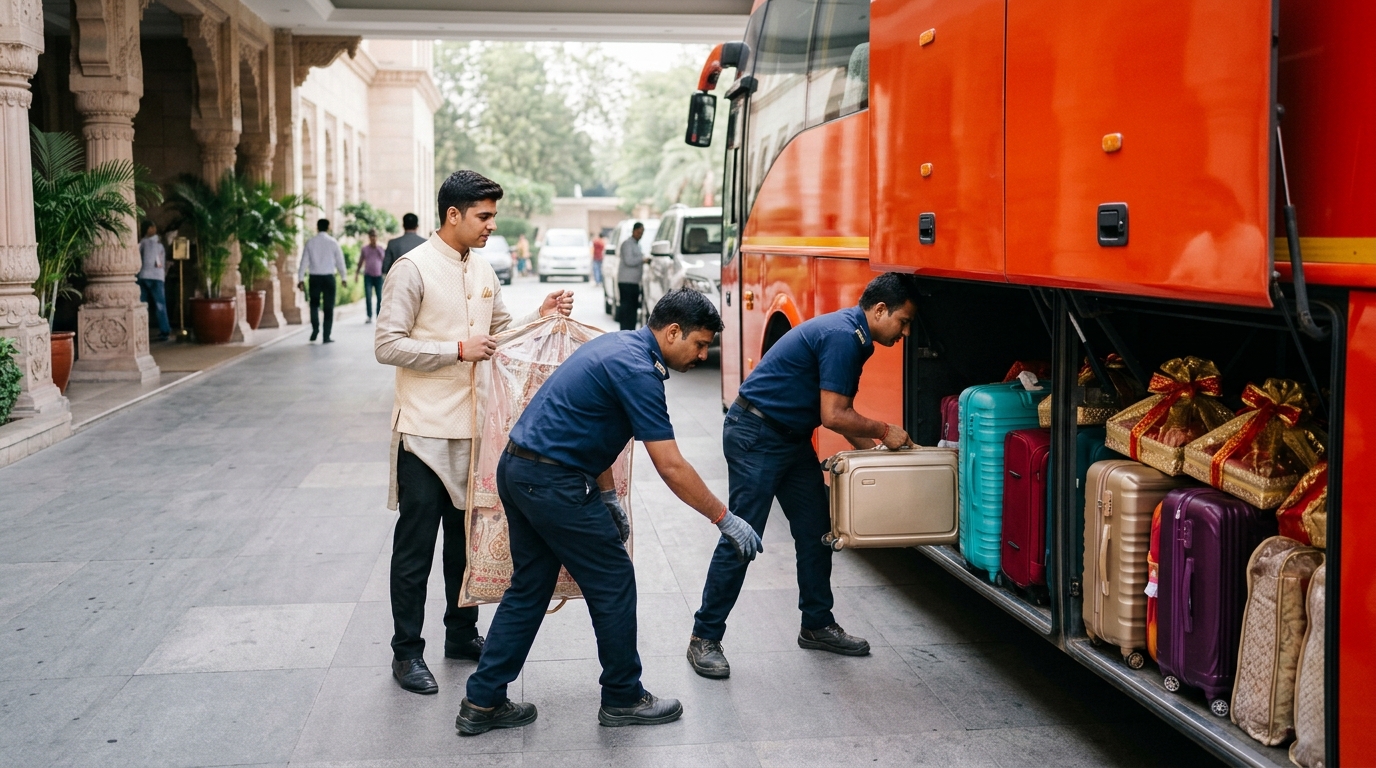 Uniformed Ajay Travels coach attendants and a family wedding coordinator carefully loading colourful wedding suitcases, bridal garment bags, and ribbon-tied gift hampers into the spacious underfloor luggage bay of a luxury coach